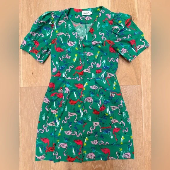 Tanya Taylor Green Flamingo Print Dress - Picture 1 of 3